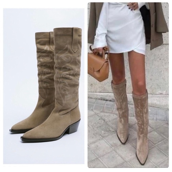 Zara Shoes - Zara Western Cowboy Boots Tall Split Leather size 42 (11) Blogger Favorite